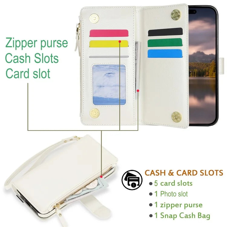 XL-001 For iPhone 16 Pro Max Case Zipper Pocket Wristband Stand Leather Phone Cover