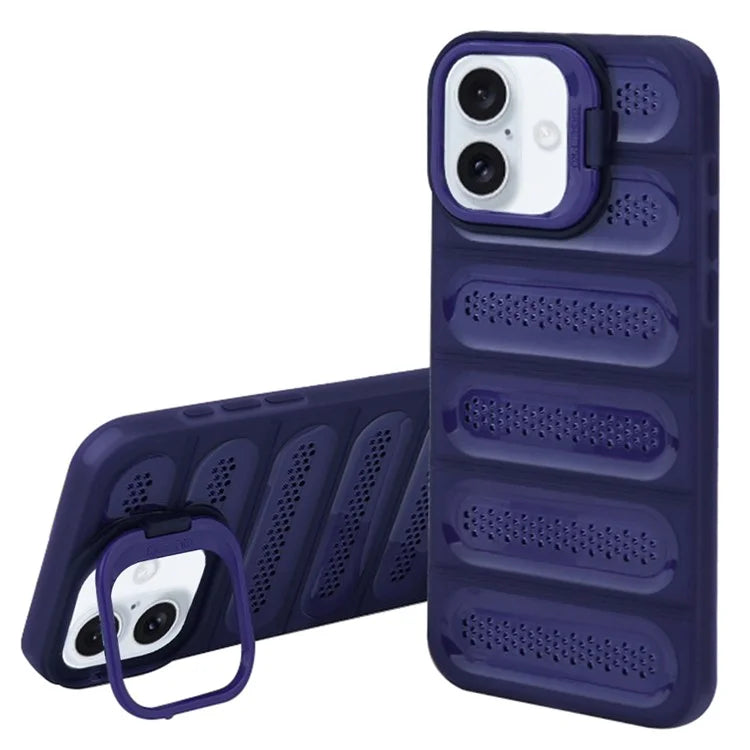 For iPhone 16 Plus Case Heat Dissipation Kickstand Airbags Anti-Drop TPU+PC Phone Cover