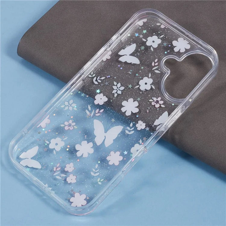 For iPhone 16 Plus Case Glitter Flower Epoxy Shockproof Phone Cover
