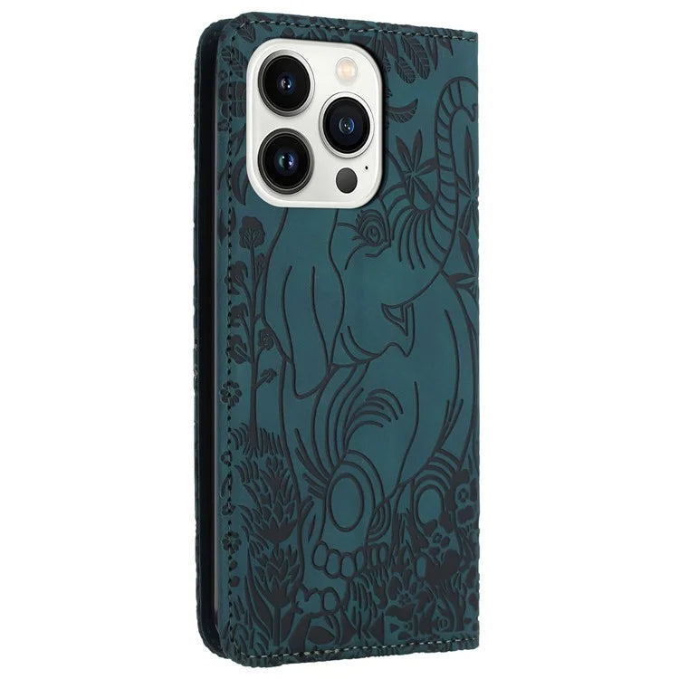 For iPhone 16 Pro Case PU Leather Wallet Phone Cover Elephant Pattern