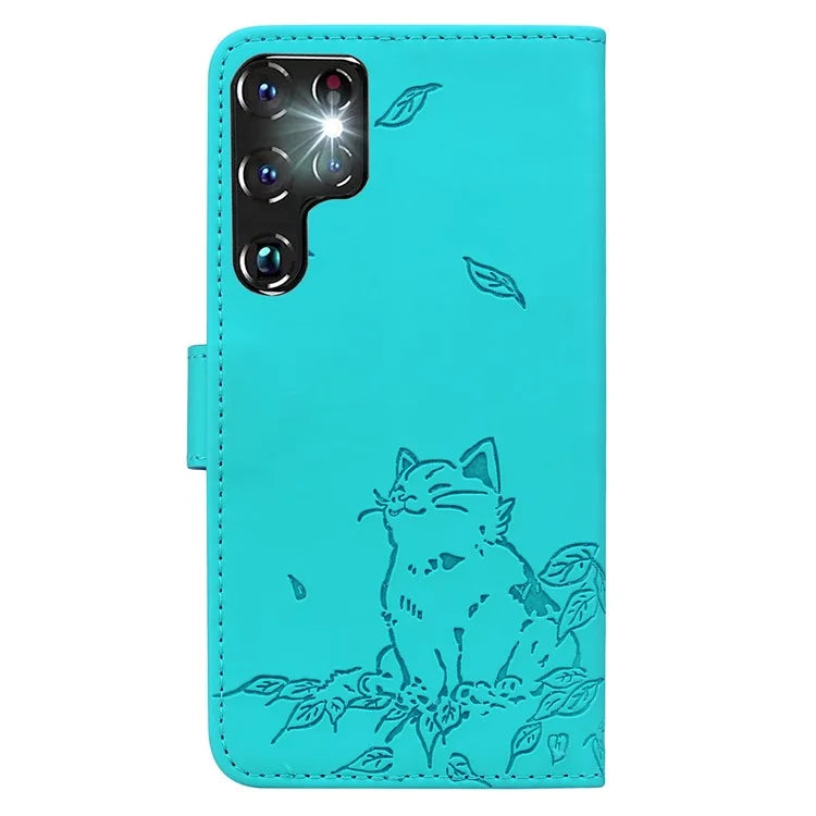 For Samsung Galaxy S22 Ultra 5G Case Wallet Cat Pattern Imprinted Leather Phone Cover