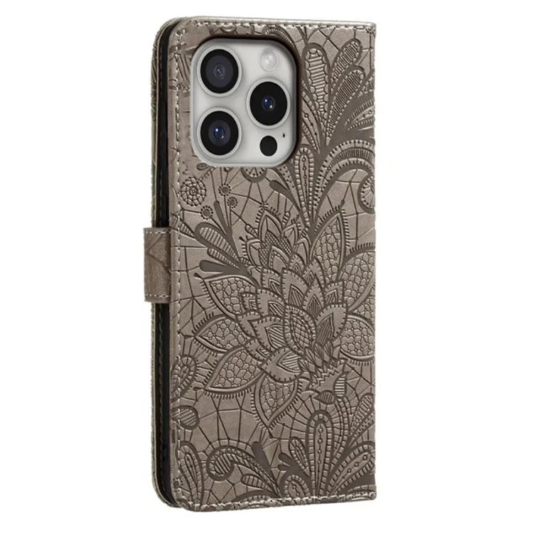 For iPhone 16 Pro Max Case Lace Flowers PU Leather Flip Wallet Phone Cover