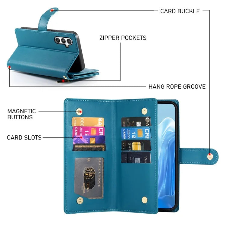 DF-011 For Samsung Galaxy M35 5G Case Zipper Pocket Wallet Leather Phone Cover with Straps
