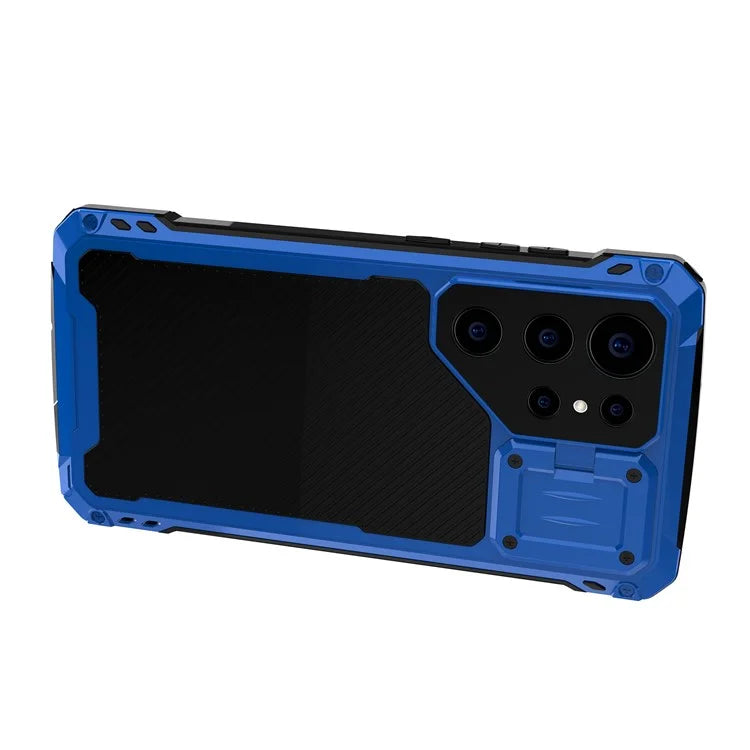 For Samsung Galaxy S23 Ultra Case Aluminum Alloy+Silicone Lens Kickstand Phone Cover with PET Screen Film