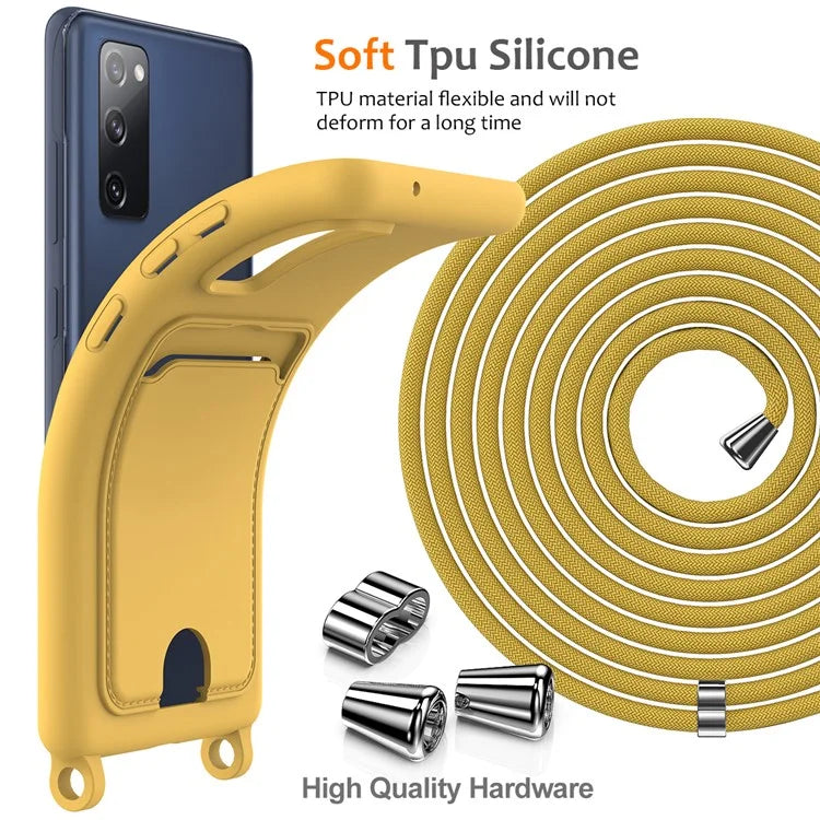 For Samsung Galaxy S20 FE Case Liquid Silicone Card Holder Phone Back Cover with Lanyard