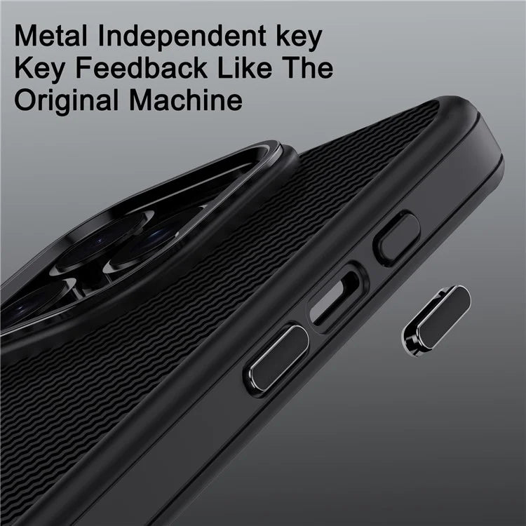 IPAKY For iPhone 16 Pro Max TPU Case Carbon Fiber Texture Phone Cover Metal Lens Frame