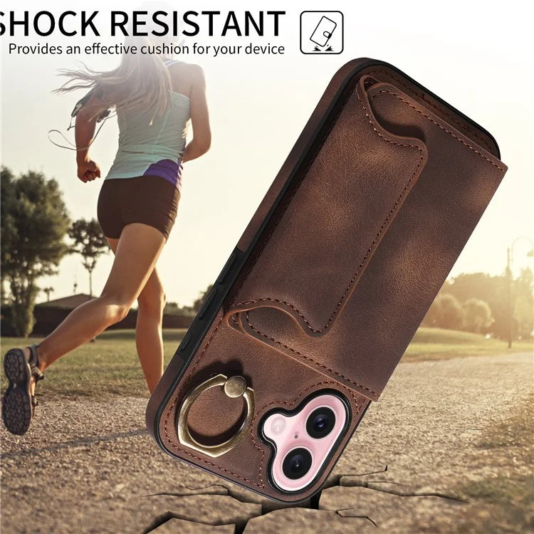 001 For iPhone 16 Case Secure-Grip Kickstand Leather + TPU Phone Cover