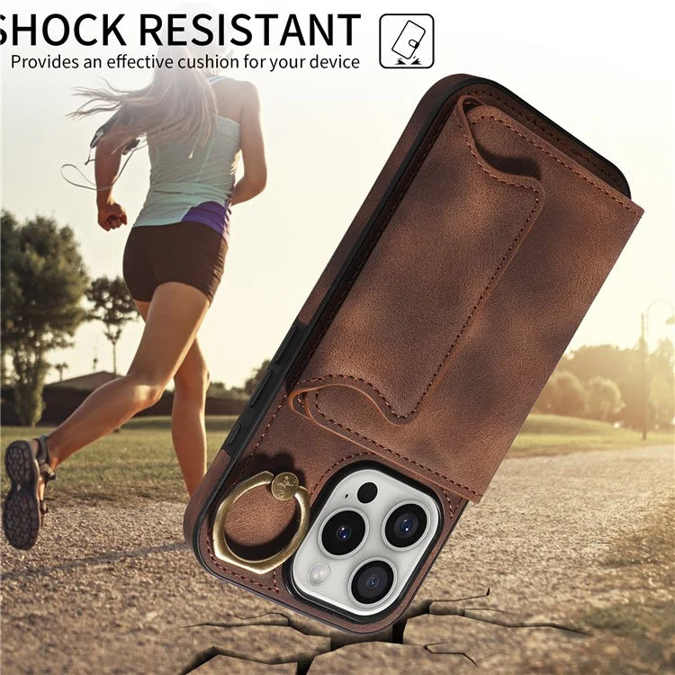 001 For iPhone 16 Pro Case Secure-Grip Kickstand Leather + TPU Phone Cover