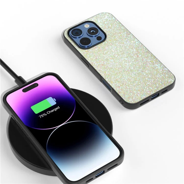 For iPhone 16 Pro Max Case Glitter PU Covered PC+TPU Phone Shell
