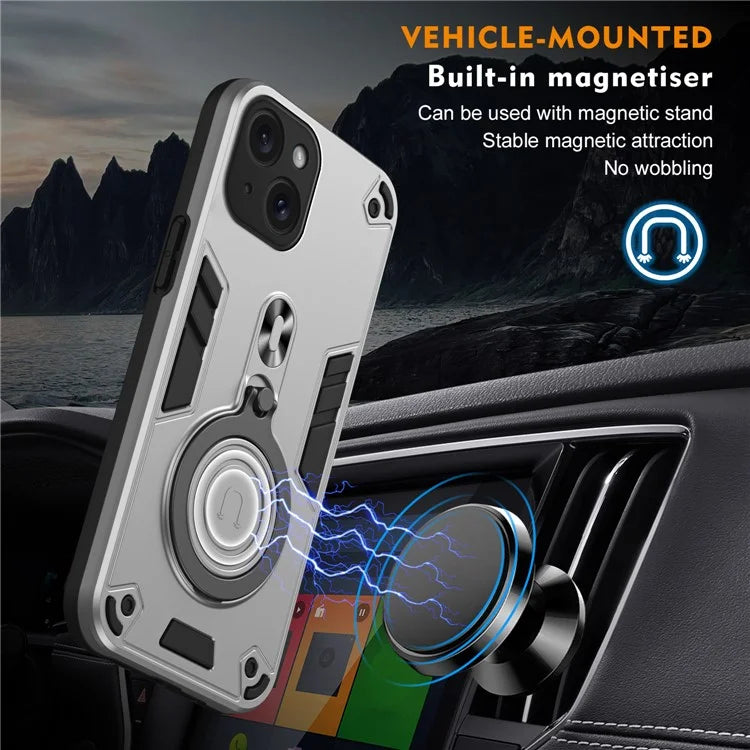 For iPhone 15 Case Rotatable Kickstand PC+TPU Drop Protection Phone Cover
