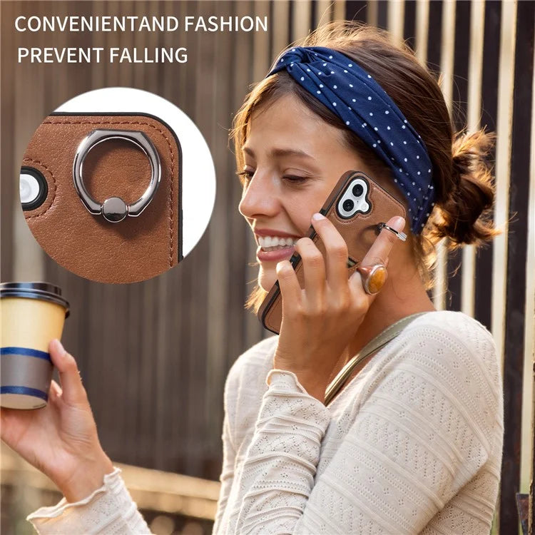 006 For iPhone 16 Plus Case Anti-Drop Leather + TPU Phone Cover Card Slot Ring Kickstand