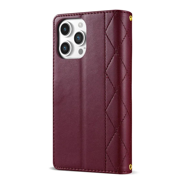 For iPhone 16 Pro Max Case Rhombus Stitching Leather Wallet Phone Cover with Long / Short Strap