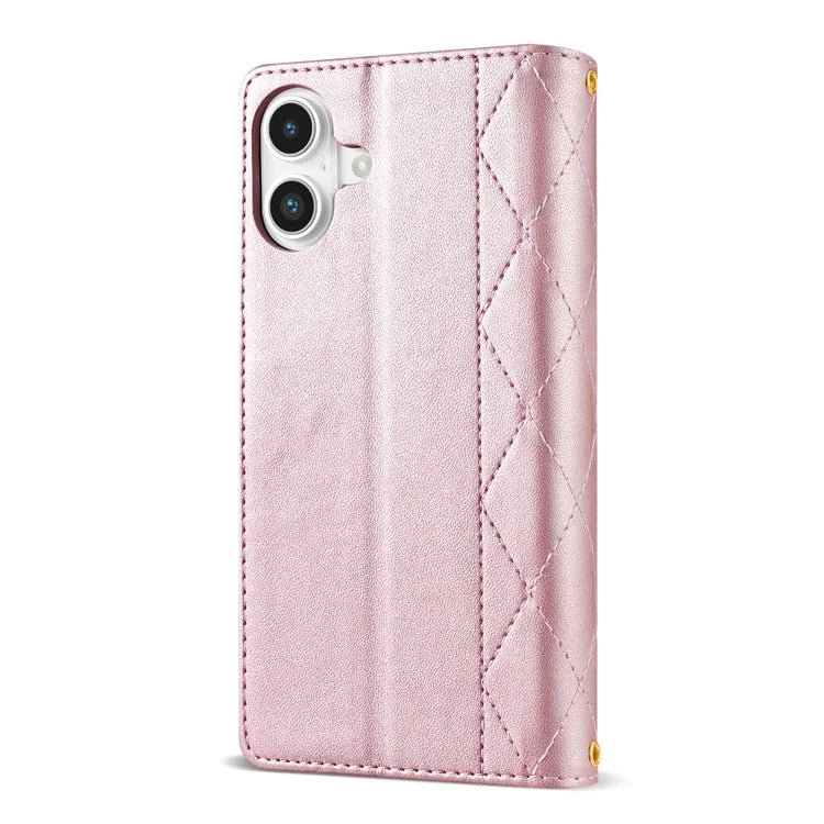 For iPhone 16 Case Rhombus Stitching Leather Wallet Phone Cover with Long / Short Strap