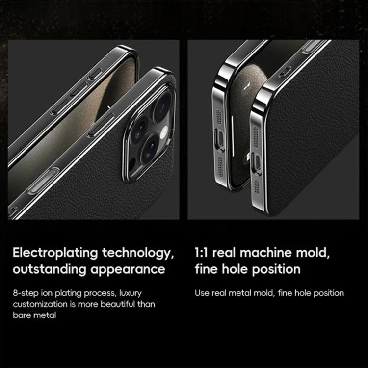 For iPhone 16 Pro Case Electroplating Genuine Cow Leather+PC Drop Resistance Phone Cover