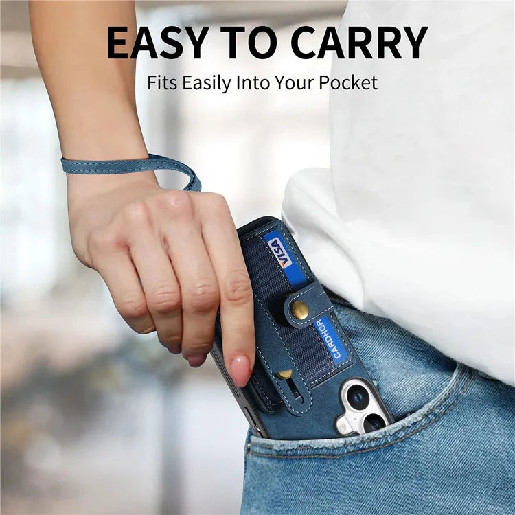 For iPhone 16 Case Wristband Kickstand PU Leather Retro Back Cover Card Holder