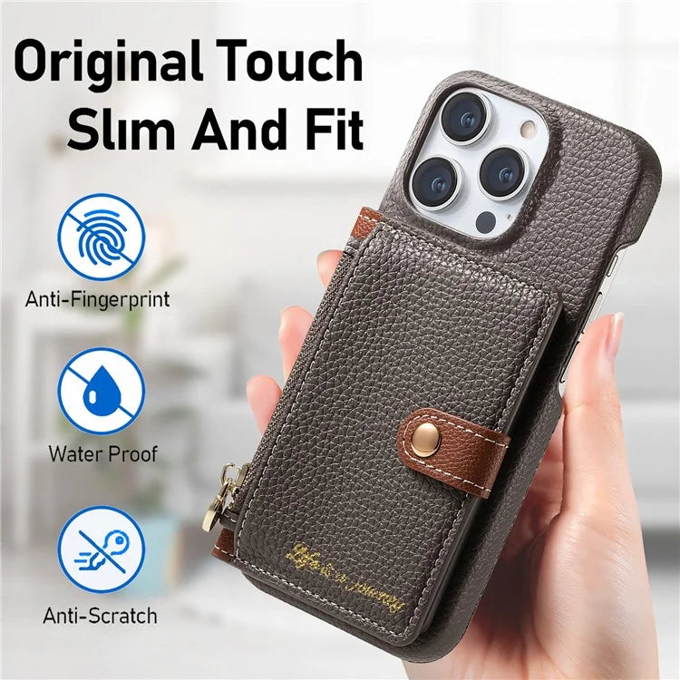 Y4 For iPhone 16 Pro Max Case Zipper Pocket Leather+TPU Phone Cover Card Holder Kickstand