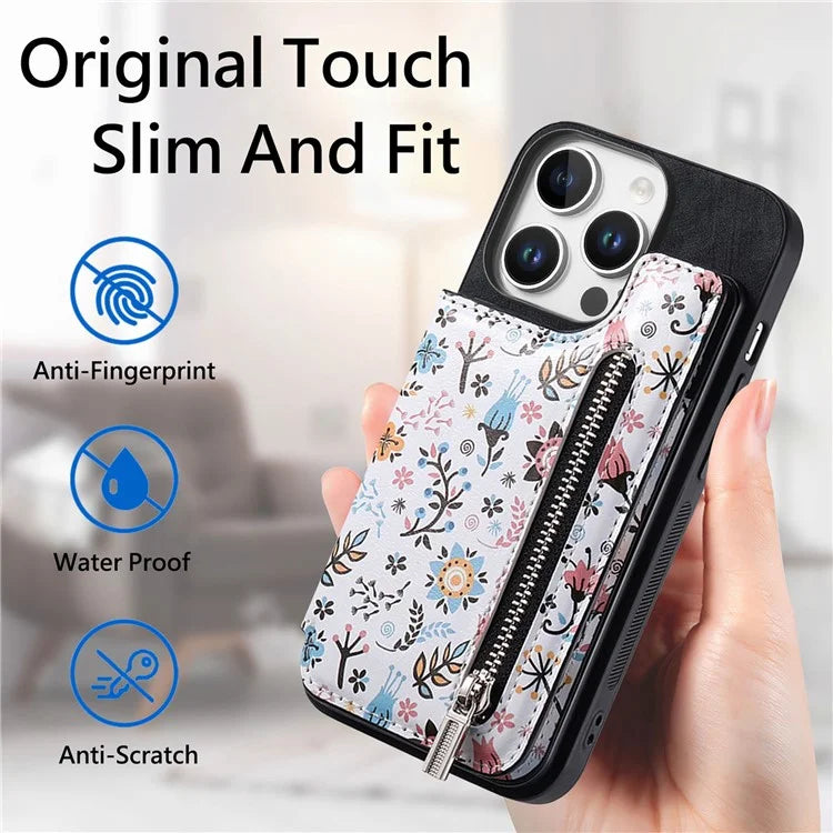 D10 For iPhone 16 Pro Case Pattern Kickstand Wallet Leather+TPU Phone Cover RFID Blocking