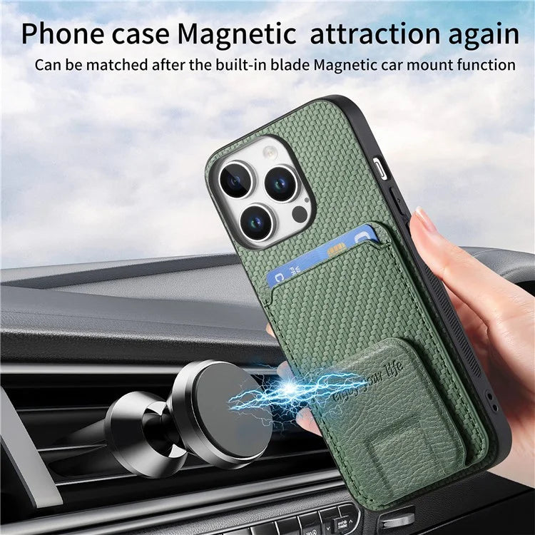 C1-11 for iPhone 16 Pro Max Case Card Holder Carbon Fiber Texture Leather Coated TPU Phone Cover