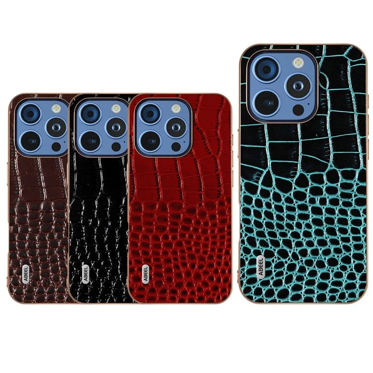 ABEEL For iPhone 16 Pro Max Case Electroplating Edge Crocodile Texture Genuine Cow Leather Back Phone Cover
