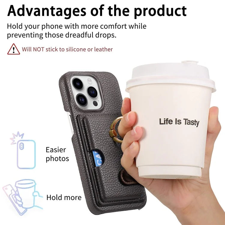 Y2 For iPhone 16 Pro Max Case Ring Holder Kickstand Card Slot Leather Phone Back Cover