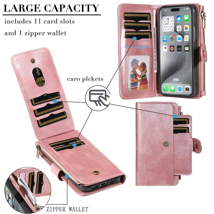 KT Multi-Functional Series-3 For iPhone 16 Pro Max Phone Case PU Leather Zipper Wallet Detachable Cover