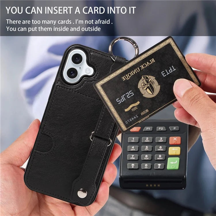008 For iPhone 16 Plus Case Wristband Kickstand PU Leather TPU Phone Cover