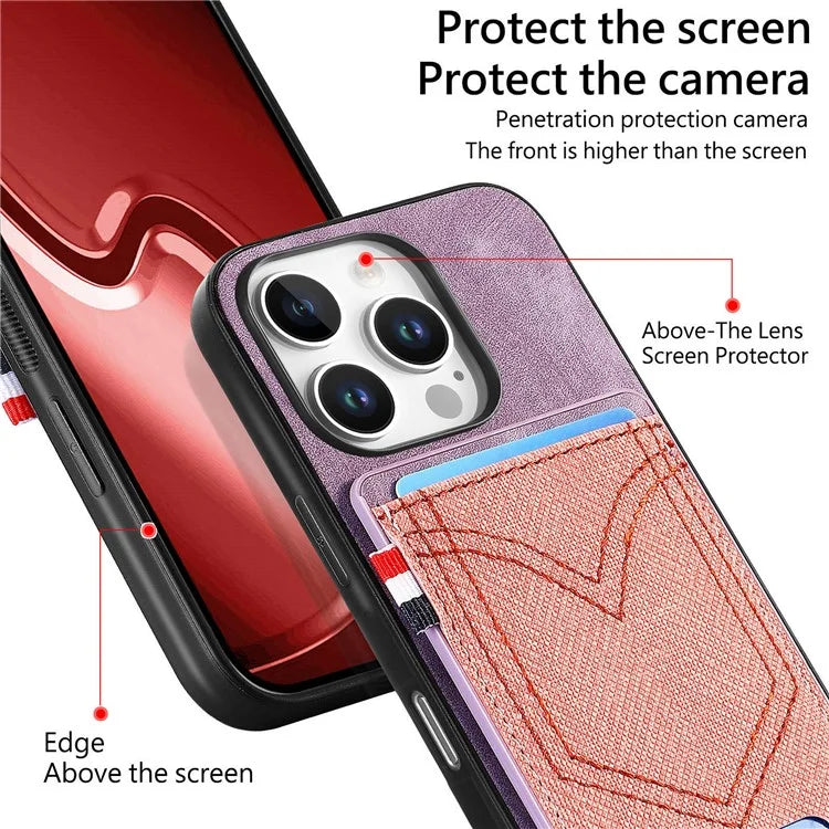 For iPhone 16 Pro Max Phone Case Retro Jean Cloth Texture Leather TPU Card Holder