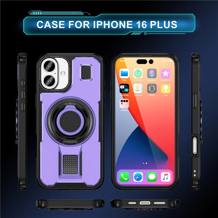 For iPhone 16 Plus Case TPU+PC Kickstand Phone Cover with Silicone Finger Strap
