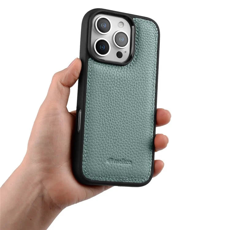 MELKCO For iPhone 16 Pro Case Genuine Cow Leather Coated PC Phone Cover