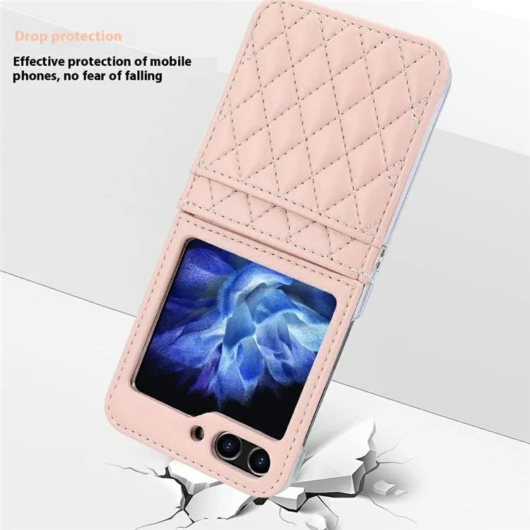 For Samsung Galaxy Z Flip6 5G Case with Strap Card Slot PU+PC Phone Cover Built-In Tempered Glass Back Film