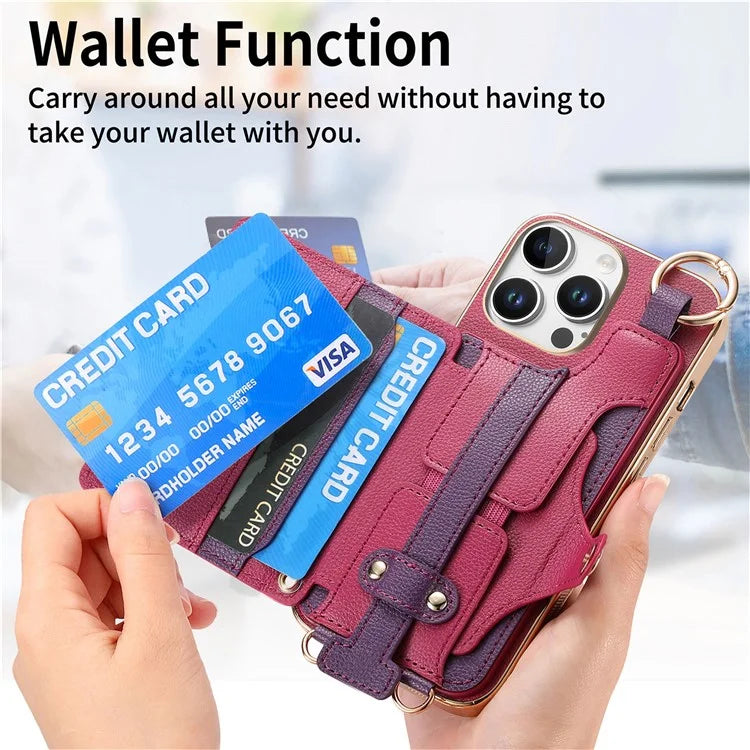 For iPhone 16 Pro Max Case Detachable Card Holder PU Leather+TPU Flower Aesthetic Phone Cover with Straps