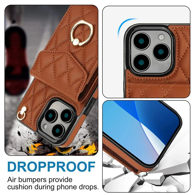 For iPhone 16 Pro Max Case Card Bag Leather+TPU Crossbody Phone Cover with Ring Kickstand