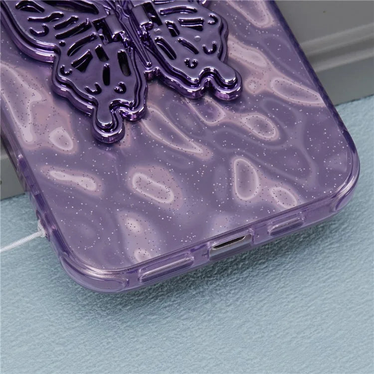 For iPhone 16 Plus Case Butterfly Kickstand PC+TPU IMD Phone Cover with Lens Film / Beaded Strap