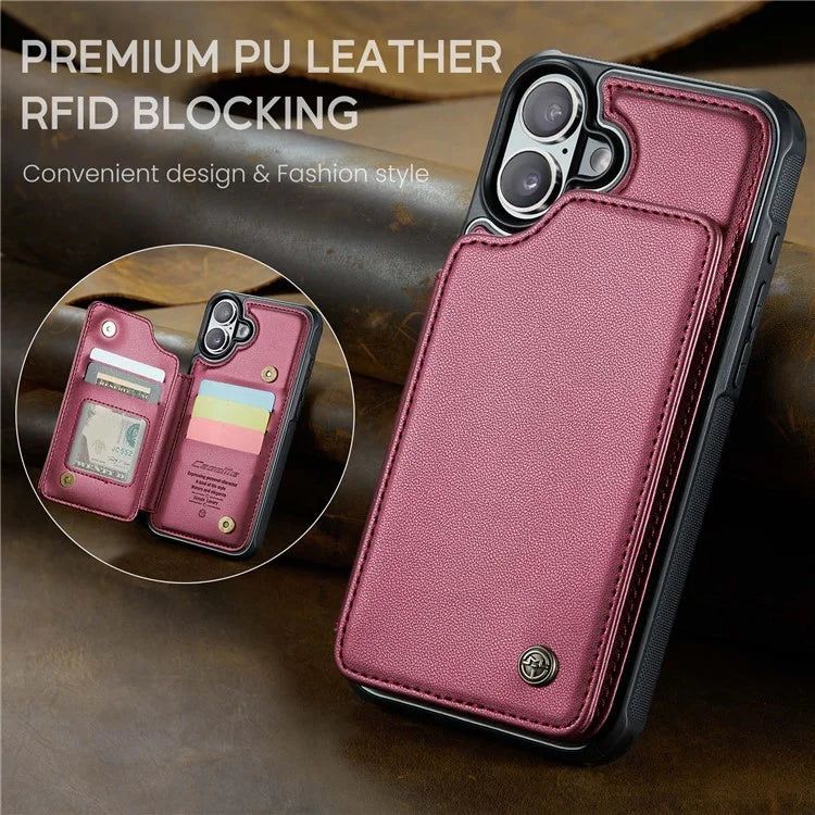 CASEME C22 Series For iPhone 16 Case Leather+TPU Cover RFID Blocking Card Slots
