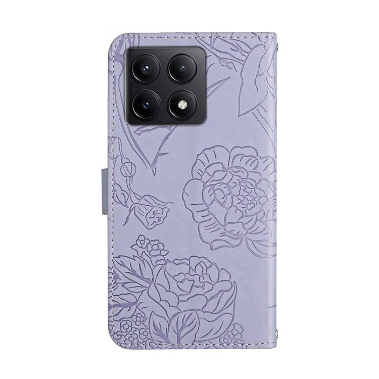 HT03 For Xiaomi 14T Case Butterfly Flower Imprint Leather Phone Cover with Strap