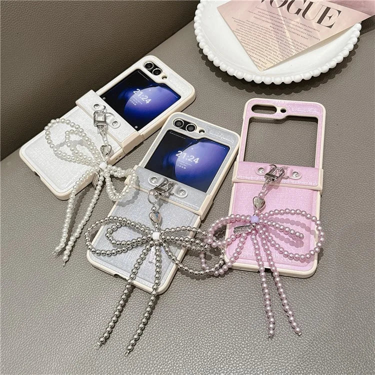 For Samsung Galaxy Z Flip6 5G Case Hinge Protection Leather+PC Phone Cover with Bow Beaded Strap