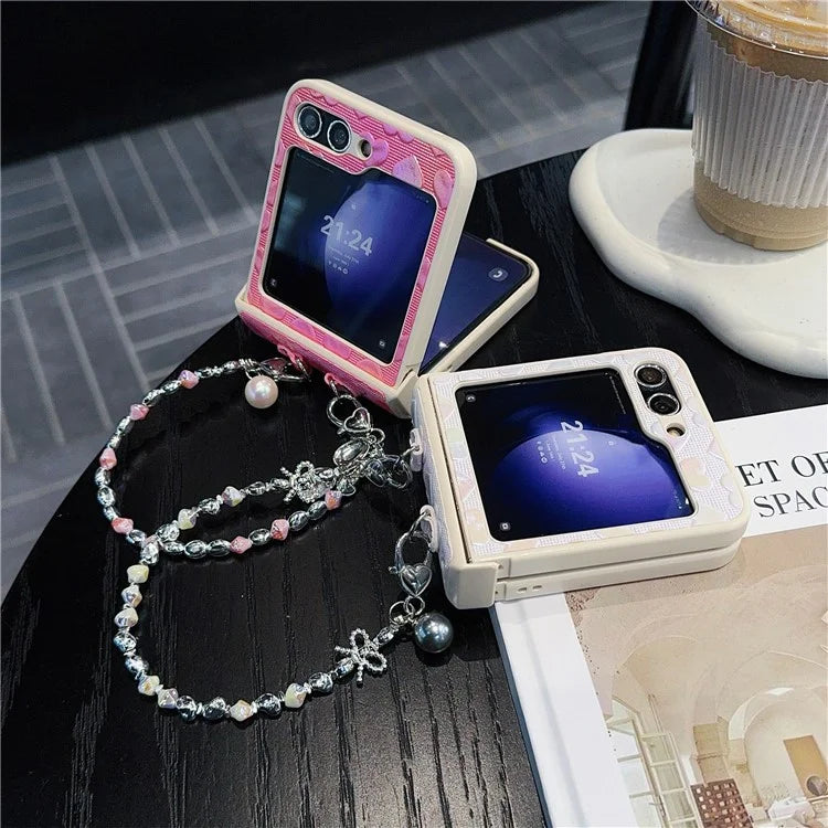 For Samsung Galaxy Z Flip6 5G Case Bubble Heart Leather+PC Phone Cover with Beaded Strap