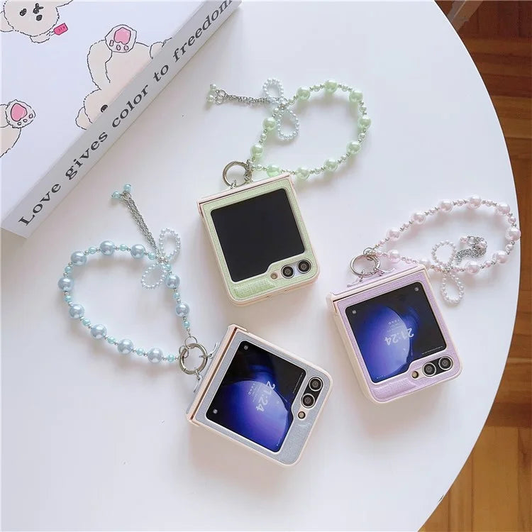 For Samsung Galaxy Z Flip6 5G Case Hinge Protection Leather+PC Phone Cover with Beaded Phone Charm