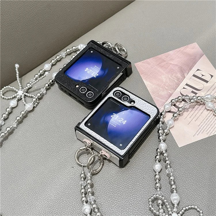 For Samsung Galaxy Z Flip6 5G Case Hinge Protection Leather+PC Phone Cover with Crossbody Beaded Strap