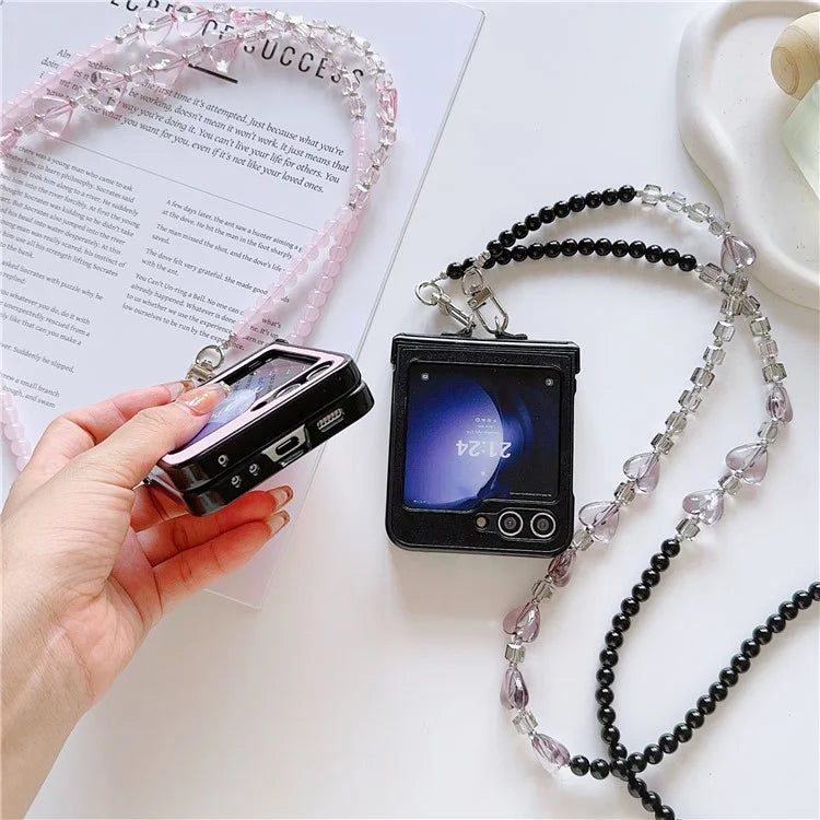 For Samsung Galaxy Z Flip6 5G Case Heart Pattern Leather+PC Phone Cover with Crossbody Beaded Strap