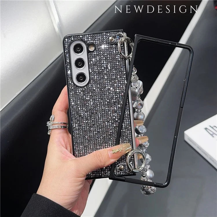 For Samsung Galaxy Z Fold6 5G Case Glitter Leather+PC Phone Cover with Beaded Strap