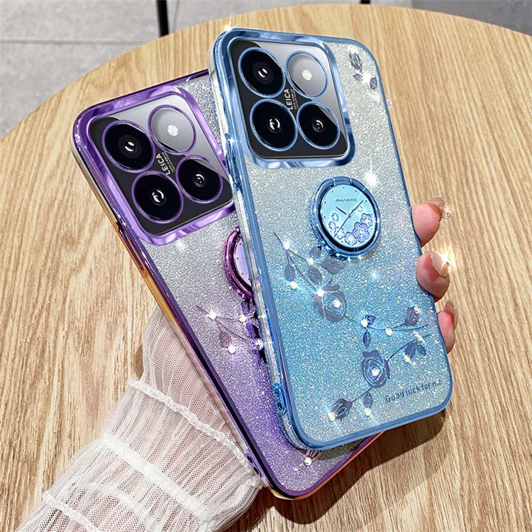 KADEM For Xiaomi 14T Pro Case Ring Kickstand TPU Flowers Phone Cover Gradient Glitter