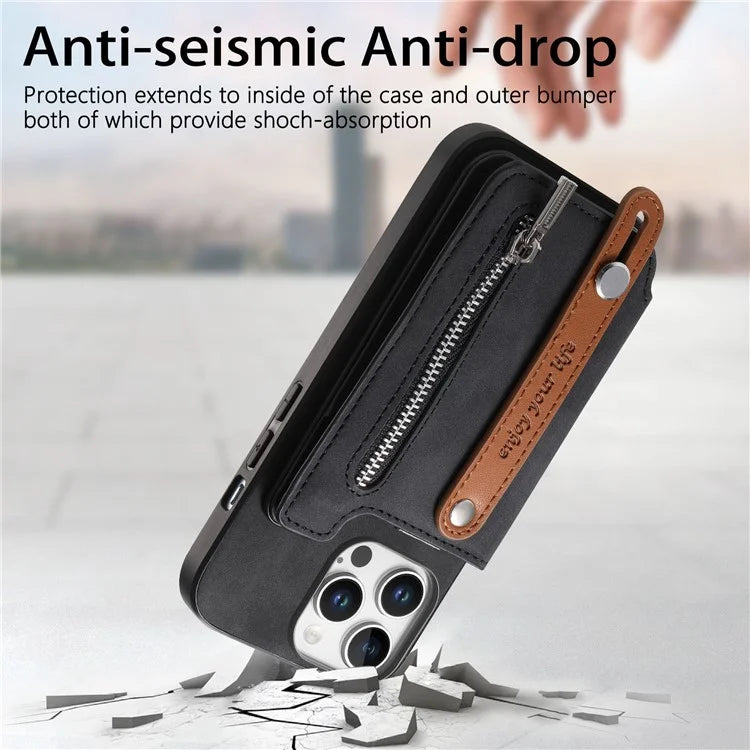 For iPhone 16 Pro Max Case Zipper Card Holder Leather+TPU+PC Phone Cover 2-in-1 Magnetic Detachable