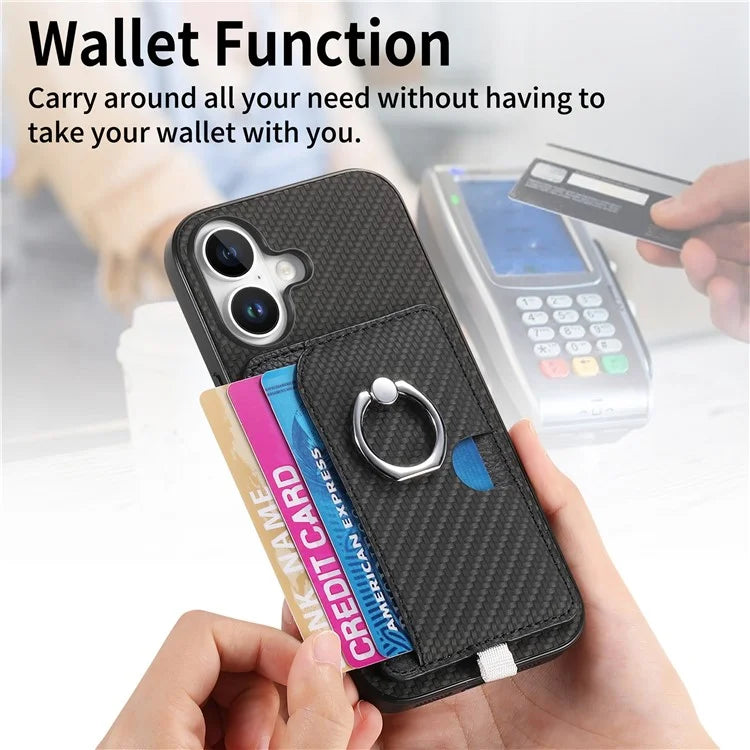 For iPhone 16 Plus Case Ring Kickstand Leather Back Cover with Magnetic Detachable Card Holder