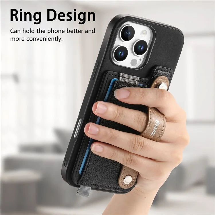 For iPhone 16 Pro Max Case Wristband Kickstand Leather+TPU Phone Cover Detachable Card Holder