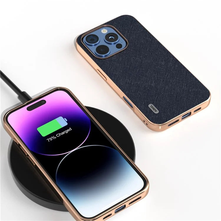 ABEEL For iPhone 16 Pro Max Case Electroplating Phone Cover Cross Texture Genuine Cow Leather+TPU Protective Case