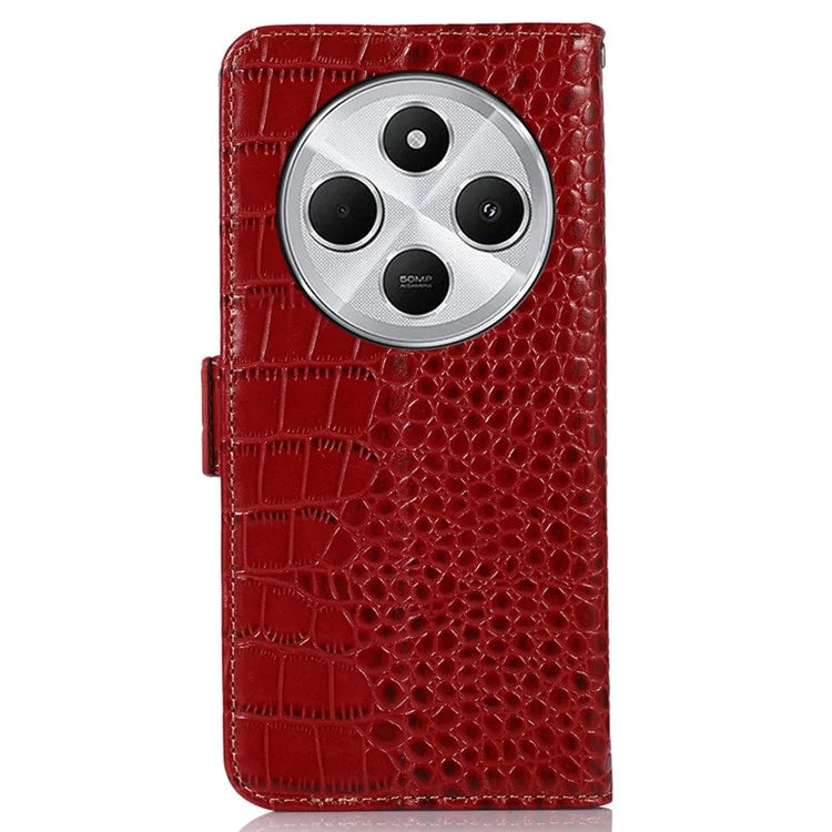 For Xiaomi Redmi 14C 4G Case Crocodile Texture Genuine Cow Leather Phone Wallet Cover
