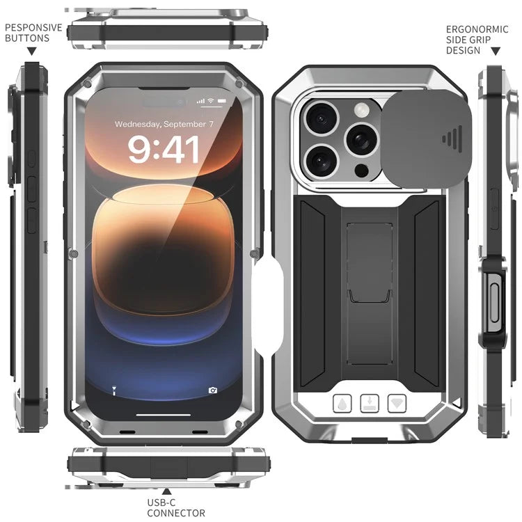 R-JUST For iPhone 16 Pro Kickstand Case Silicone+Metal+PC+Tempered Glass Screen Film Phone Cover