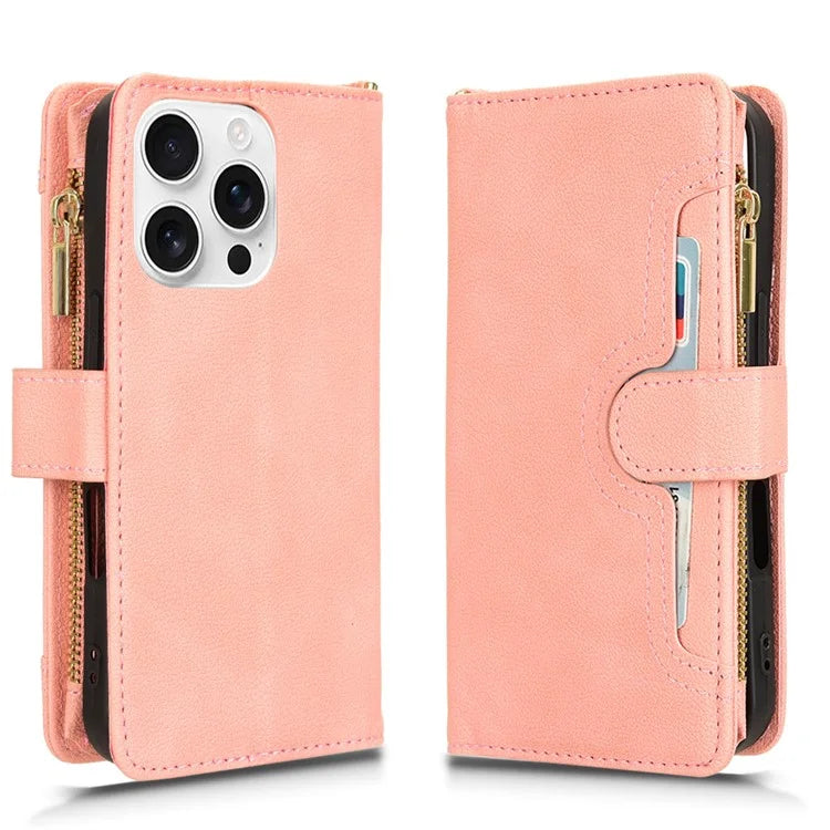 For iPhone 16 Pro Leather Case Zipper Pocket Phone Cover with 2 Straps