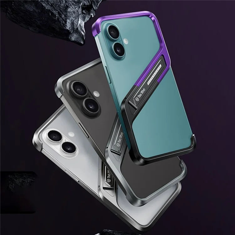 For iPhone 16 Frameless Case S-Shaped Aluminium Alloy Phone Cover with Kickstand